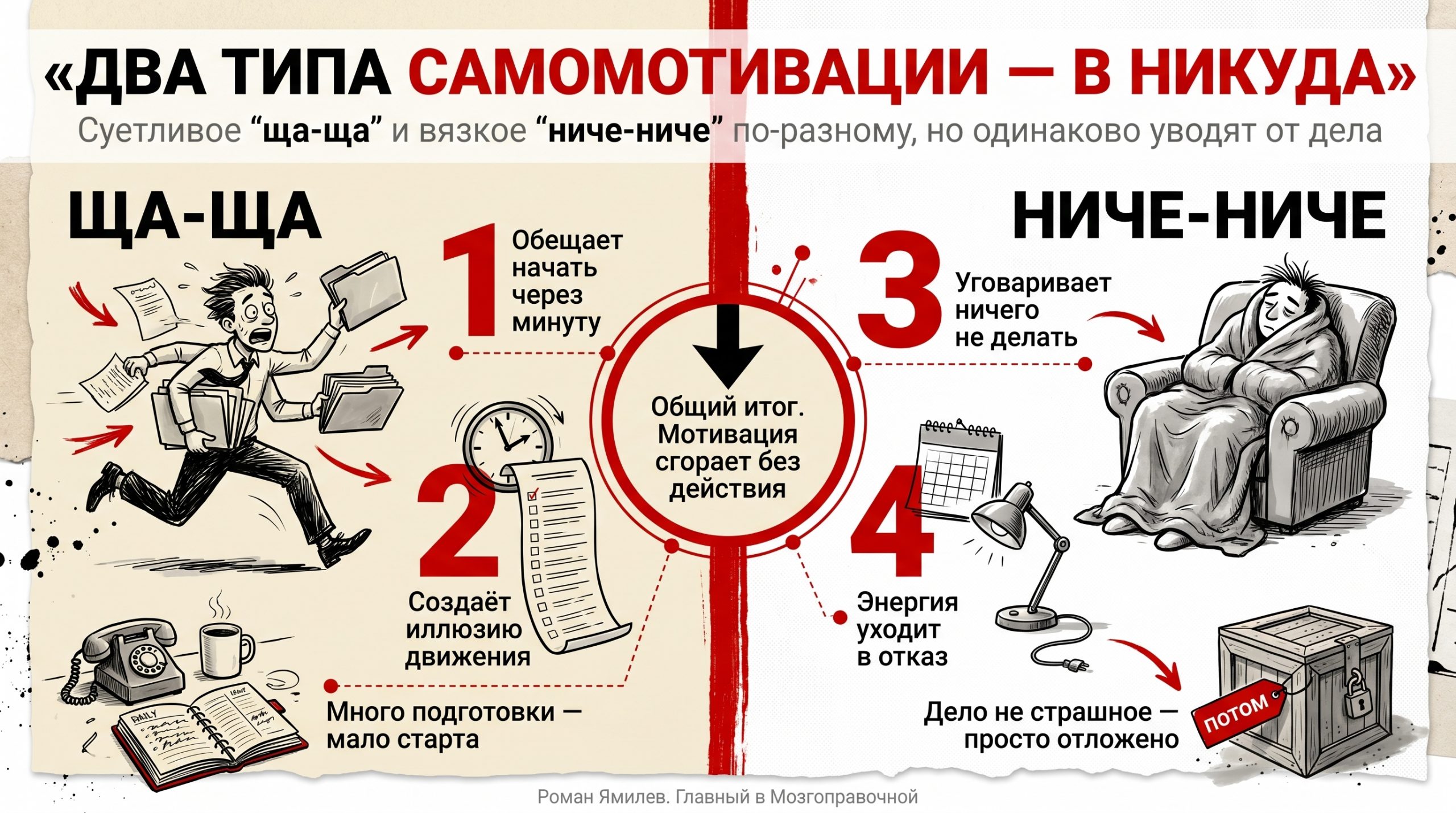 Красная инфографика сравнивает синдромы «ща-ща» и «ниче-ниче» как два пути потери мотивации