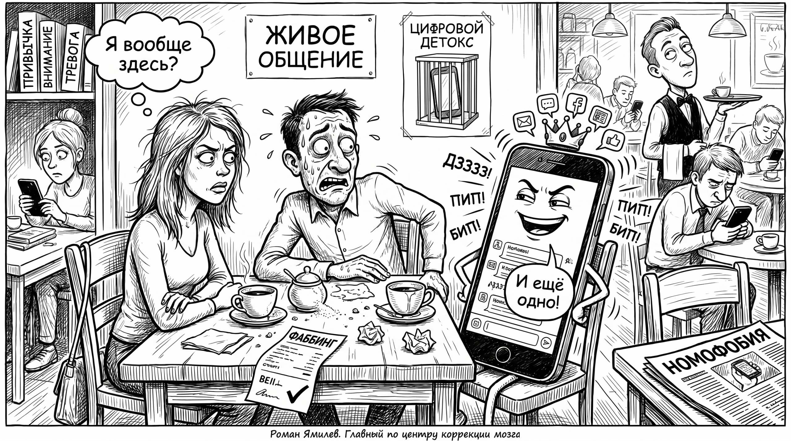 Чёрно-белая карикатура: мужчина отвлекается на телефон во время разговора в кафе