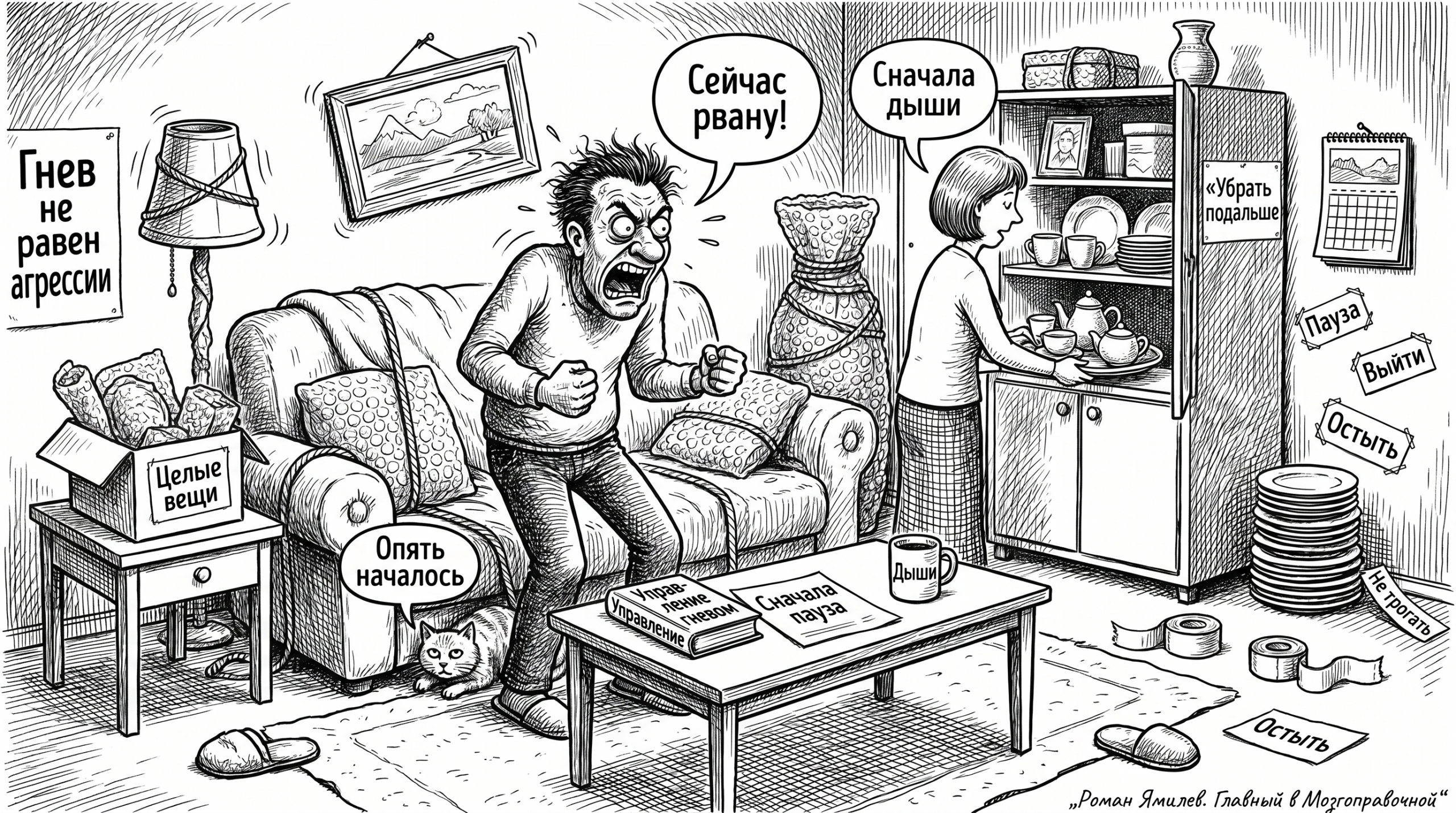 Чёрно-белая карикатура: мужчина злится дома, вещи спрятаны, тема управления гневом и агрессии