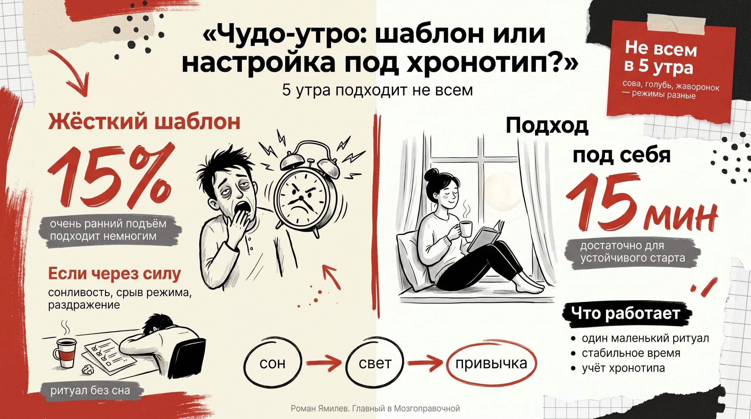 Красная инфографика сравнивает жёсткое чудо-утро и подбор утренних ритуалов под хронотип