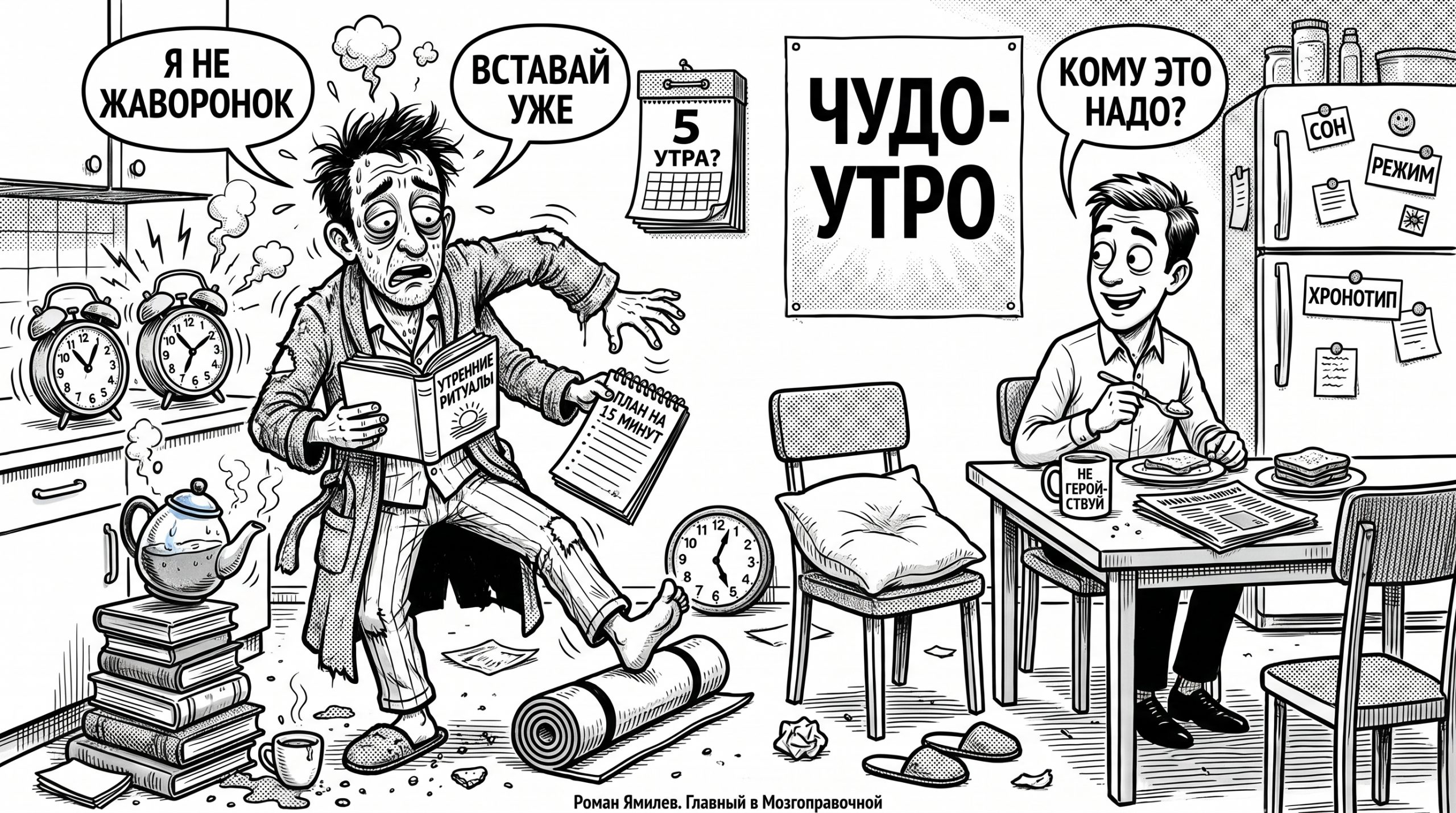 Чёрно-белая карикатура о чудо-утре: сонный человек мучается с будильниками и списком ритуалов