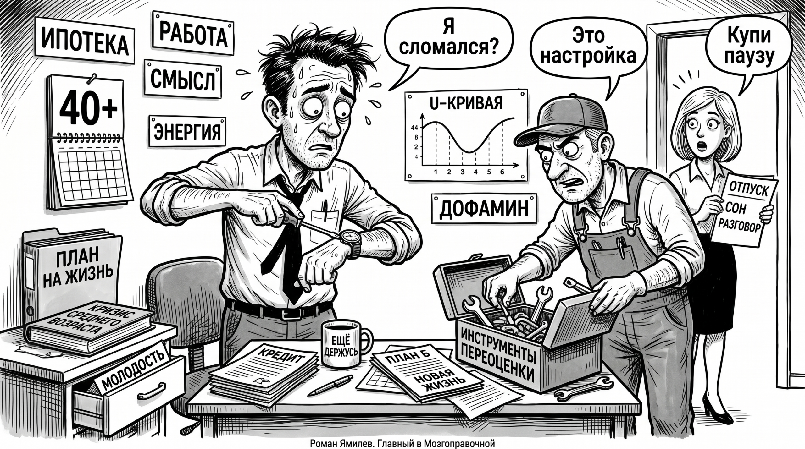Чёрно-белая карикатура: мужчина после 40 чинит свою жизнь как сломанный механизм