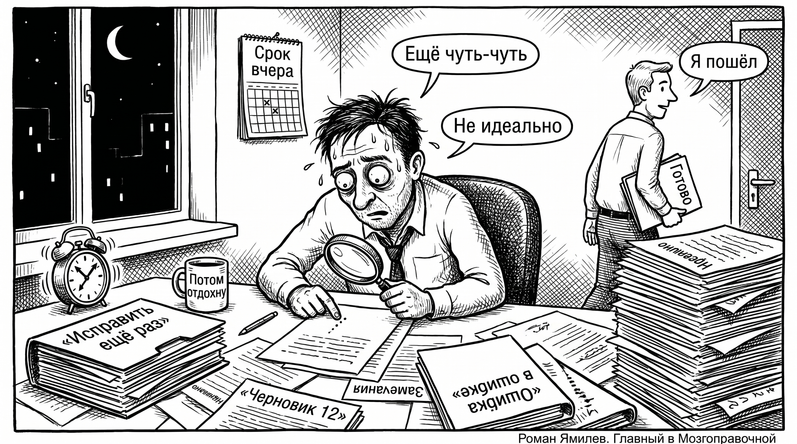 Чёрно-белая карикатура: офисный перфекционист переписывает документ в ночи среди бумажного хаоса