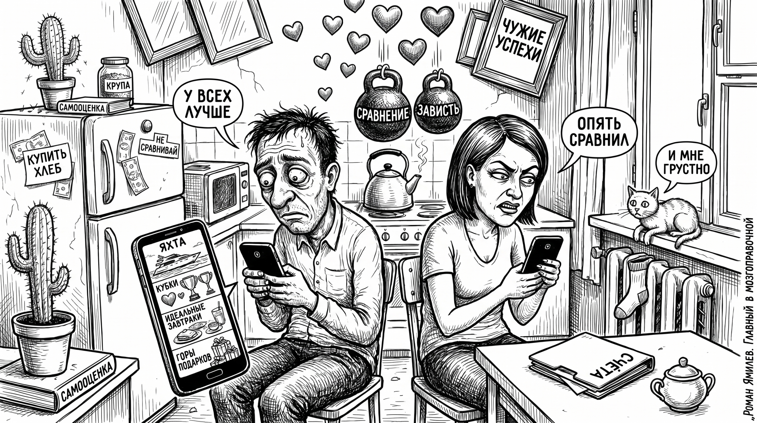 Чёрно-белая карикатура: мужчина и женщина смотрят соцсети и мрачнеют, сравнивая свою жизнь с чужой