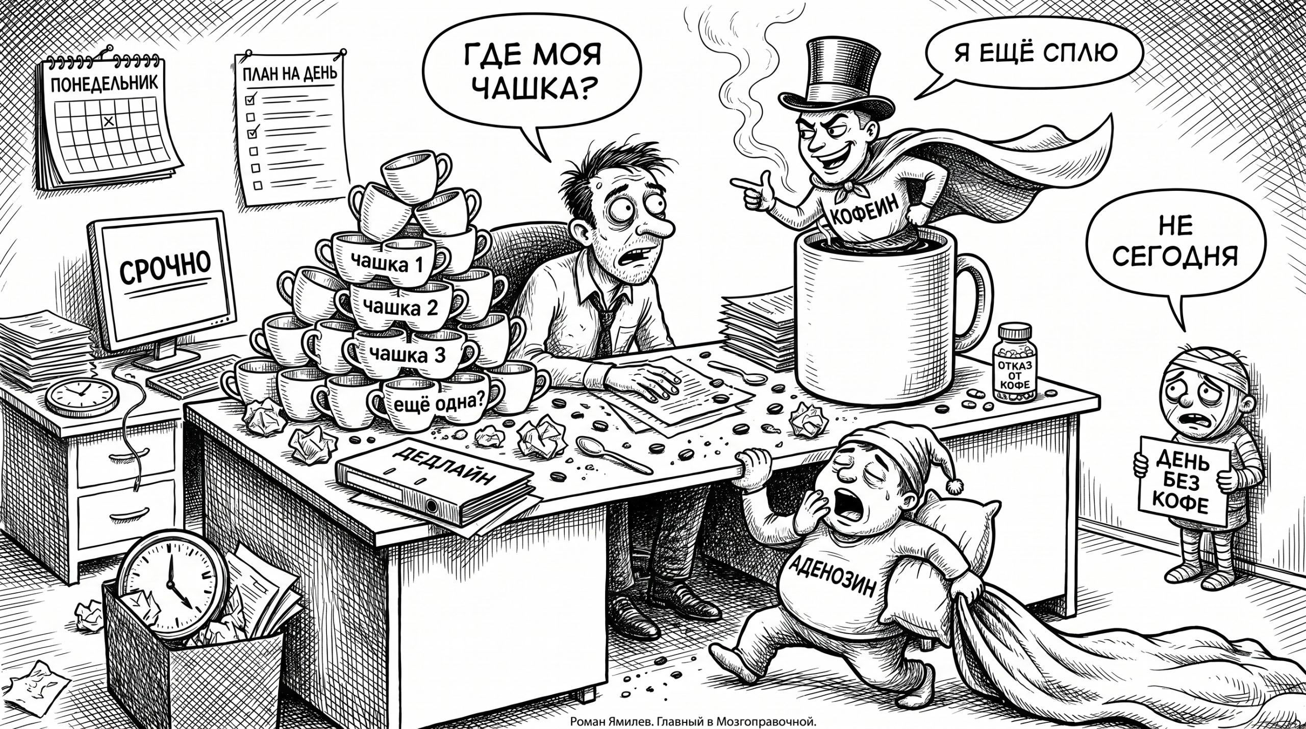 Чёрно-белая карикатура: офисный работник, чашки кофе, персонажи кофеина и аденозина, тема кофе и мозга