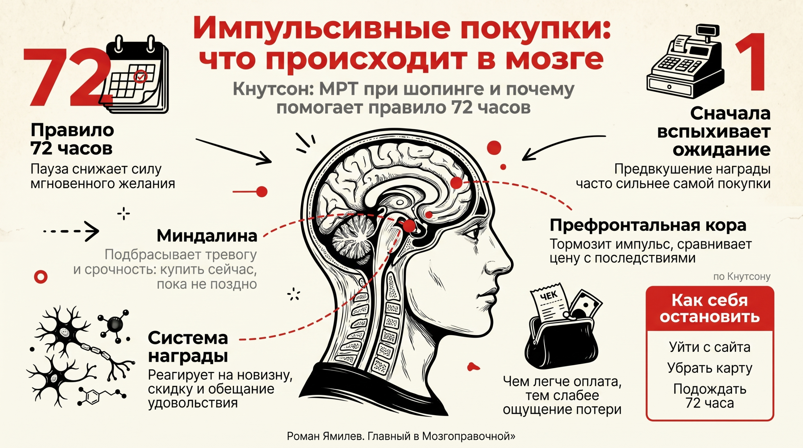 Красная инфографика о том, как мозг запускает импульсивные покупки и зачем нужно правило 72 часов