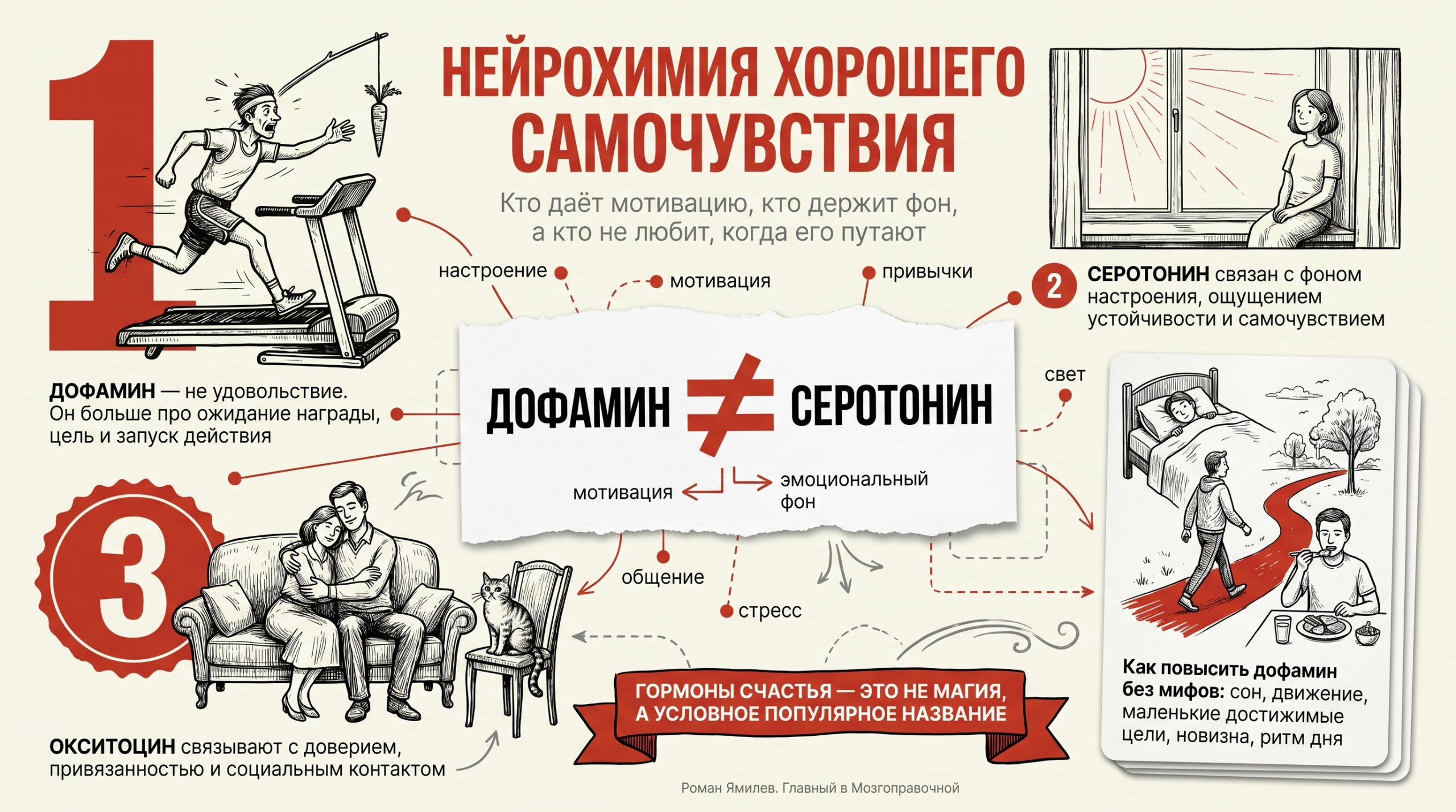 Инфографика о гормонах счастья: дофамин, серотонин и окситоцин, их различия и роль в настроении