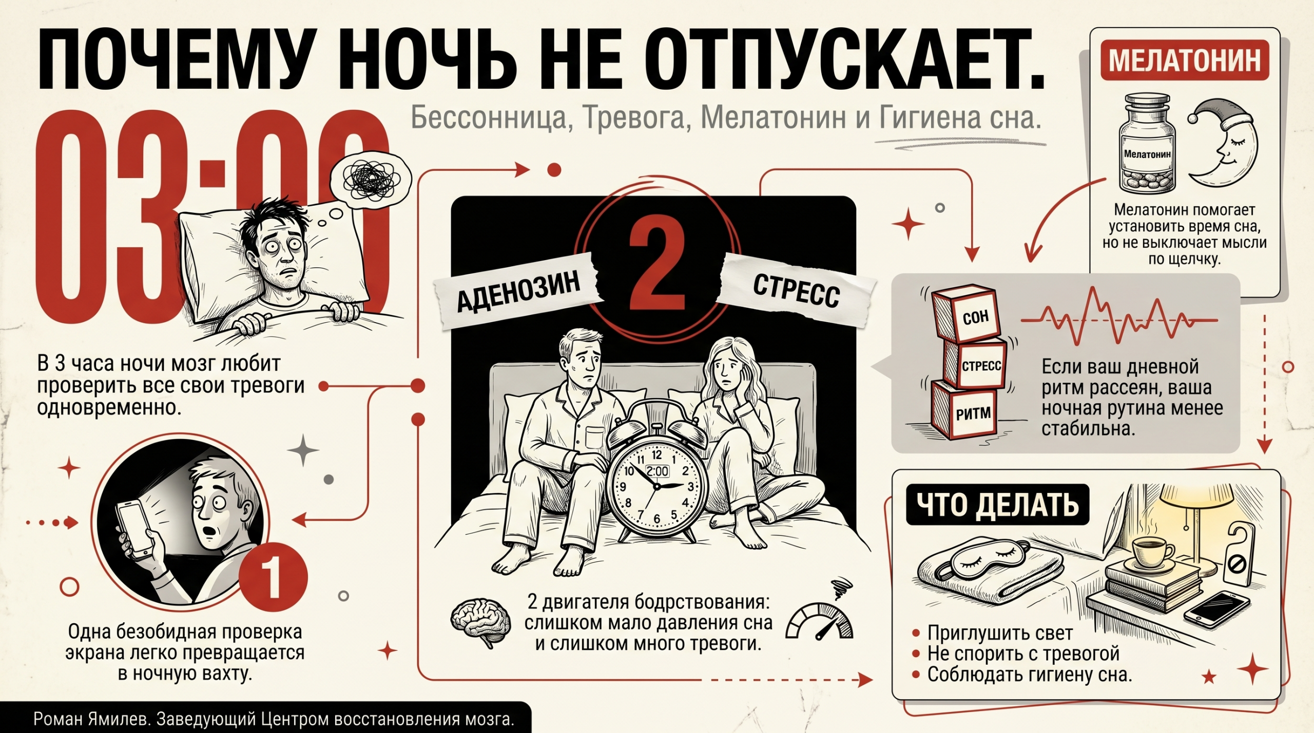 Инфографика о бессоннице в 3 часа ночи: тревога, мелатонин, аденозин и советы по гигиене сна
