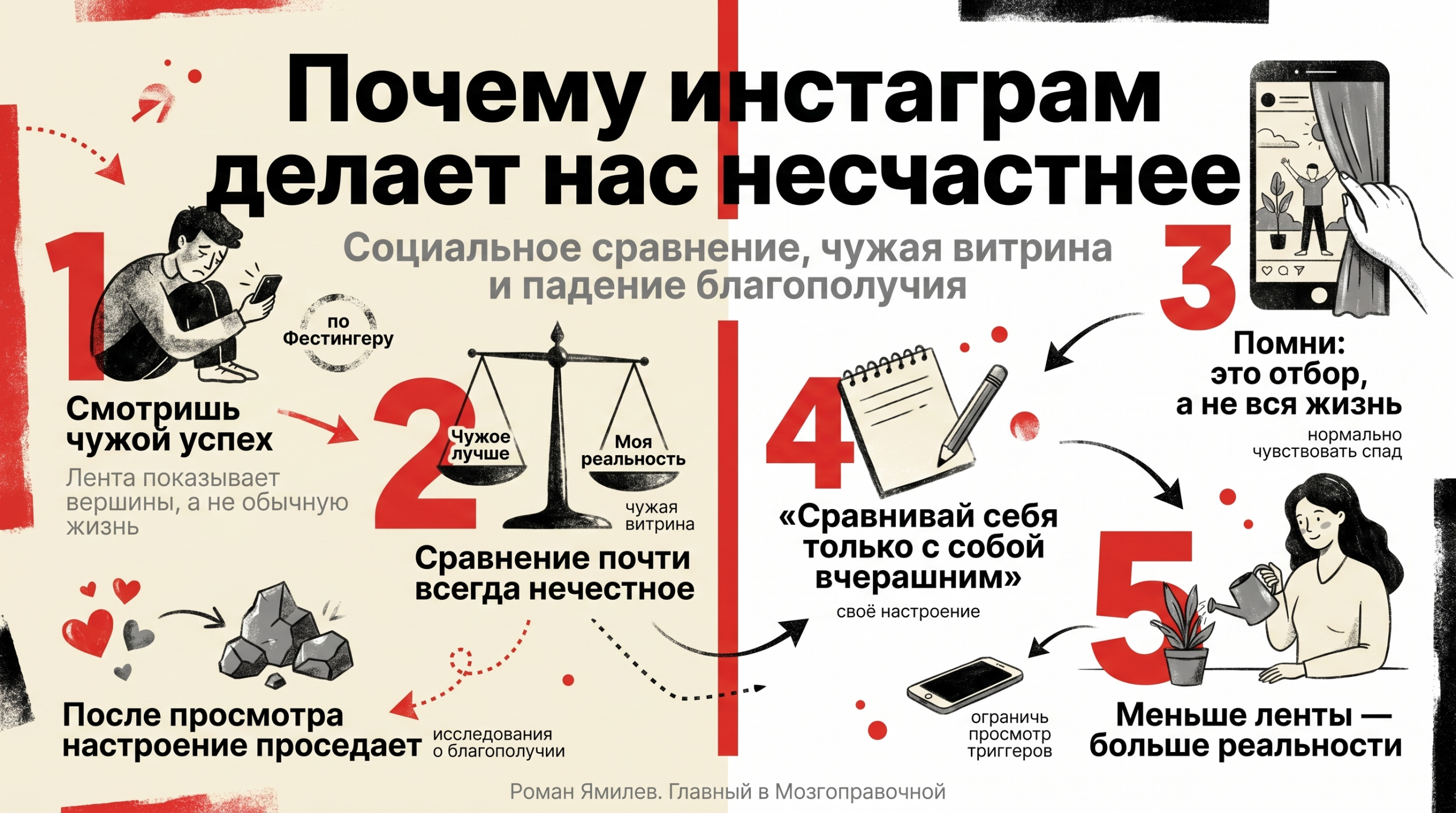 Красная инфографика о том, как соцсети усиливают социальное сравнение и ухудшают настроение