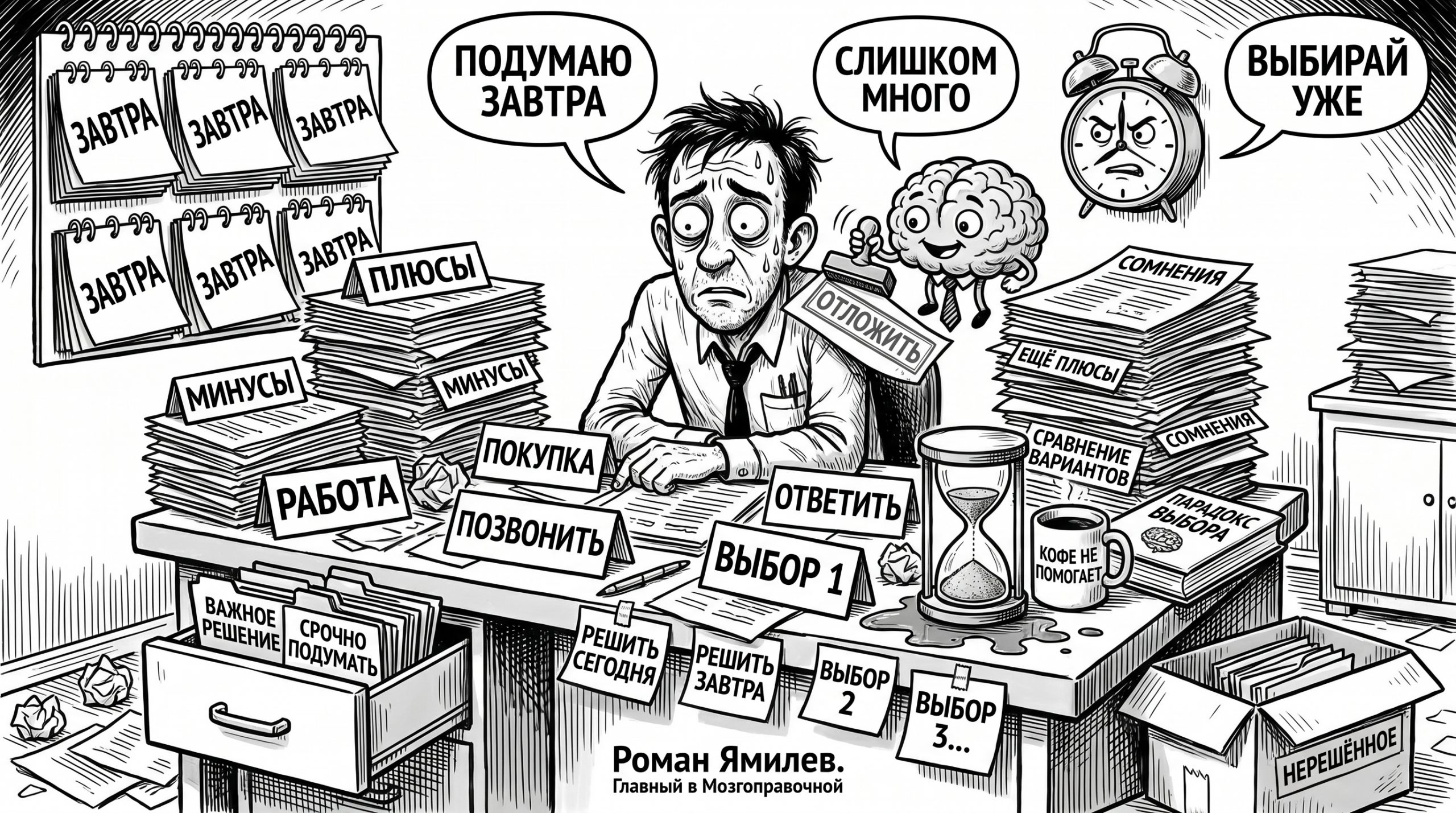 Карикатурный мужчина тонет в вариантах выбора и откладывает важное решение на завтра