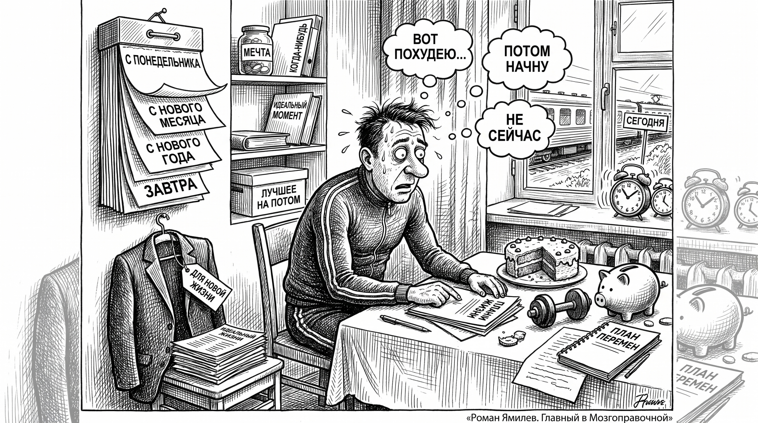 Чёрно-белая карикатура: мужчина откладывает новую жизнь, вокруг таблички «потом» и «когда-нибудь»
