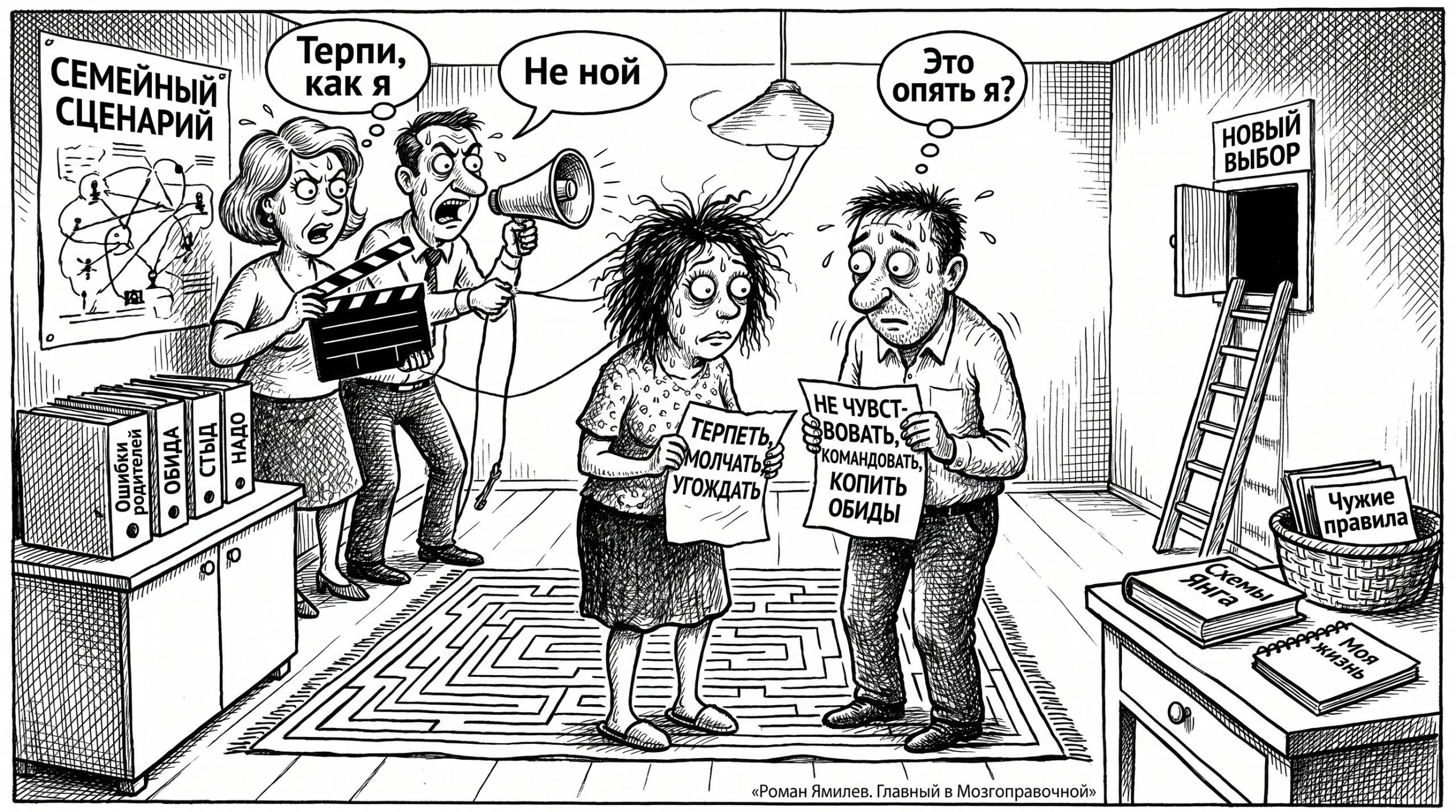 Карикатура: мужчина и женщина повторяют родительские роли под давлением семейного сценария