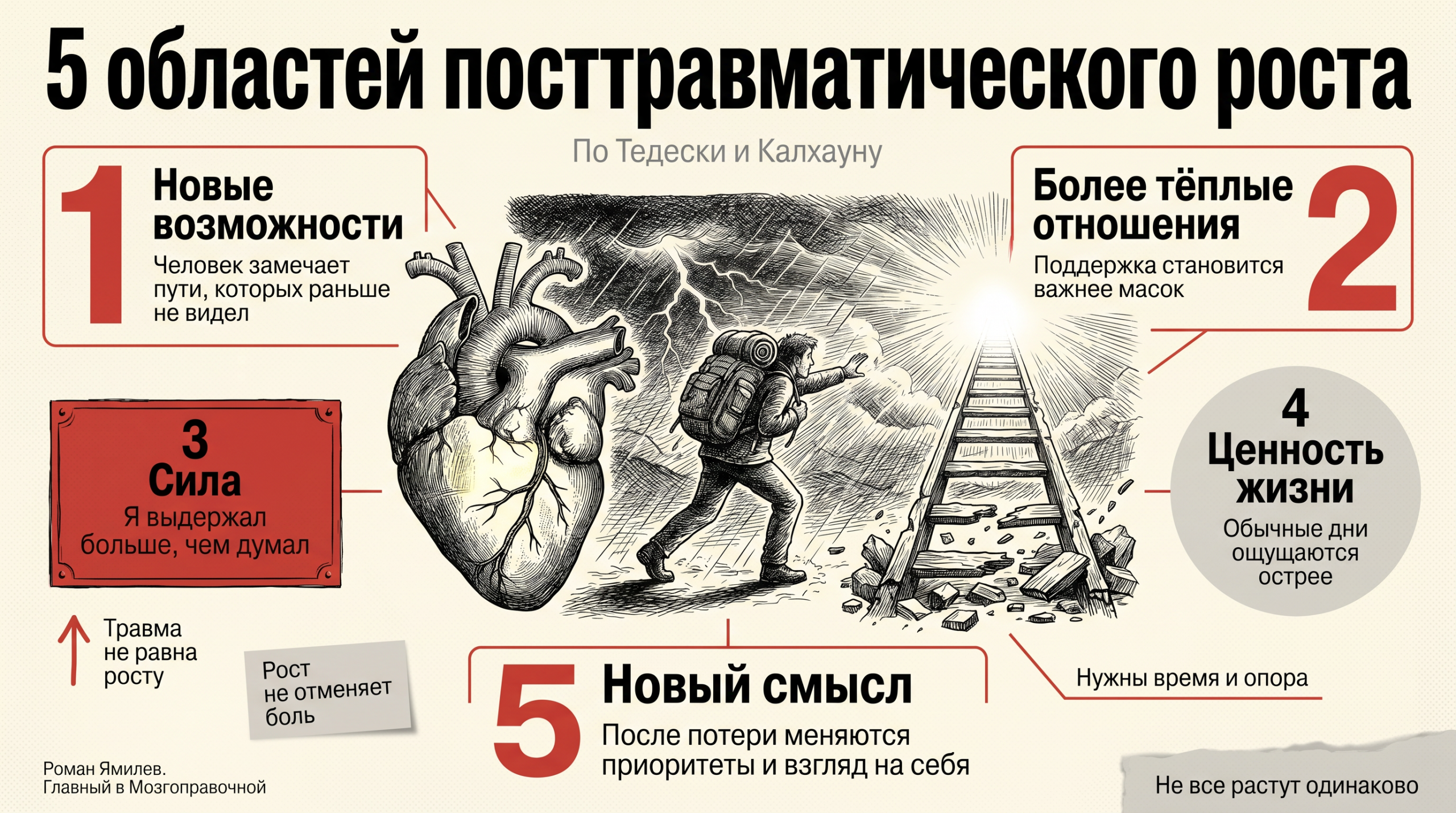 Красная инфографика о посттравматическом росте с пятью областями роста после травмы