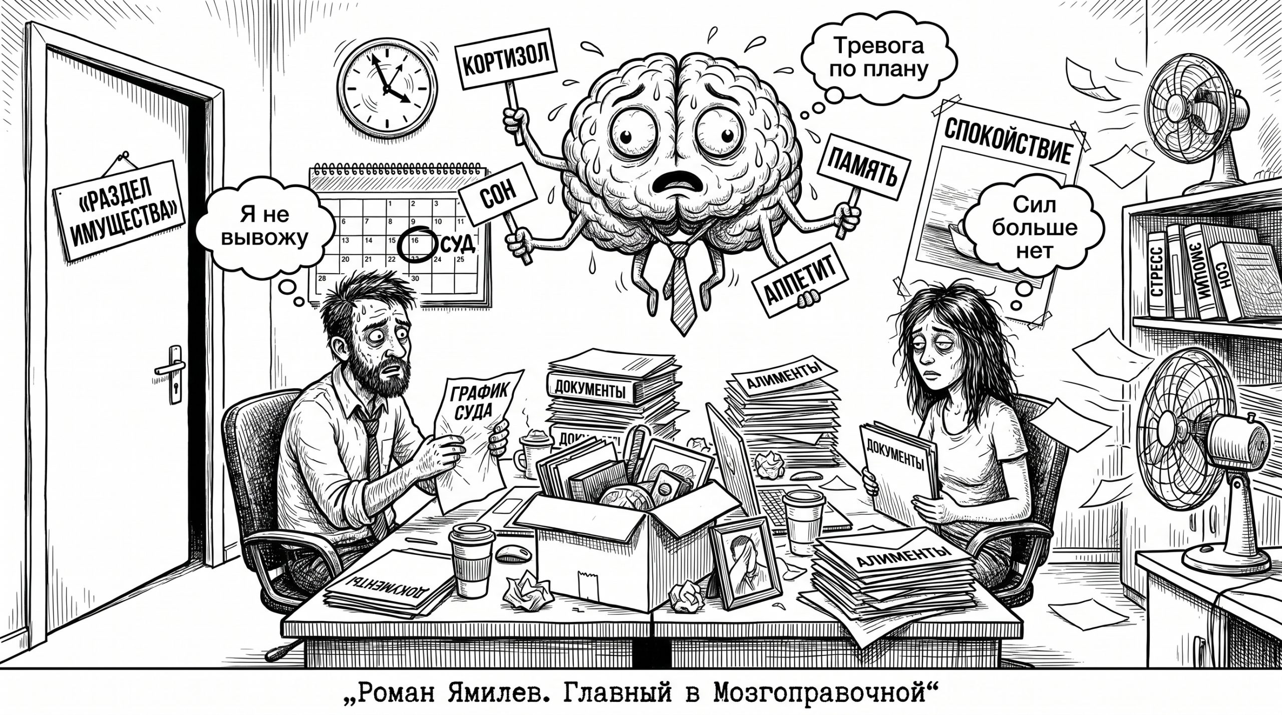 Мужчина и женщина среди бумаг о разводе, над ними карикатурный перегруженный мозг