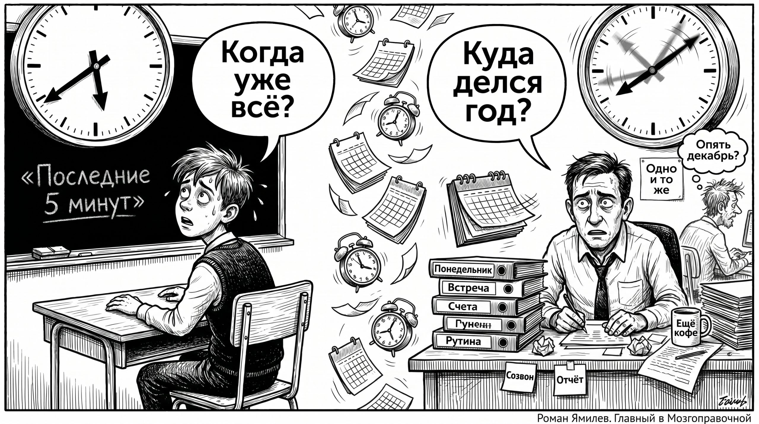 Чёрно-белая карикатура: у школьника время тянется, у взрослого год пролетает среди рутины