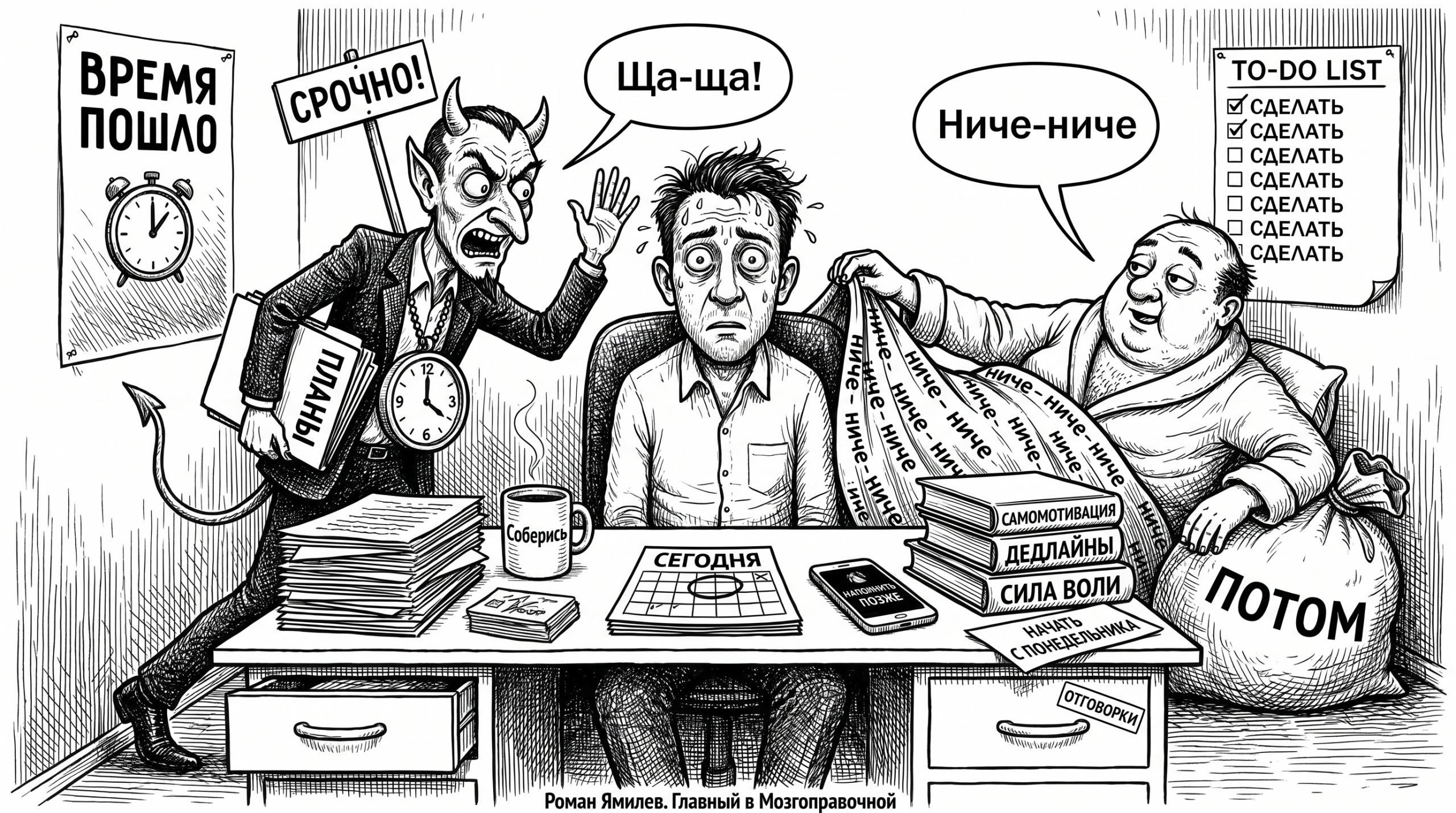Чёрно-белая карикатура: мужчина между суетой «ща-ща» и апатией «ниче-ниче» за рабочим столом