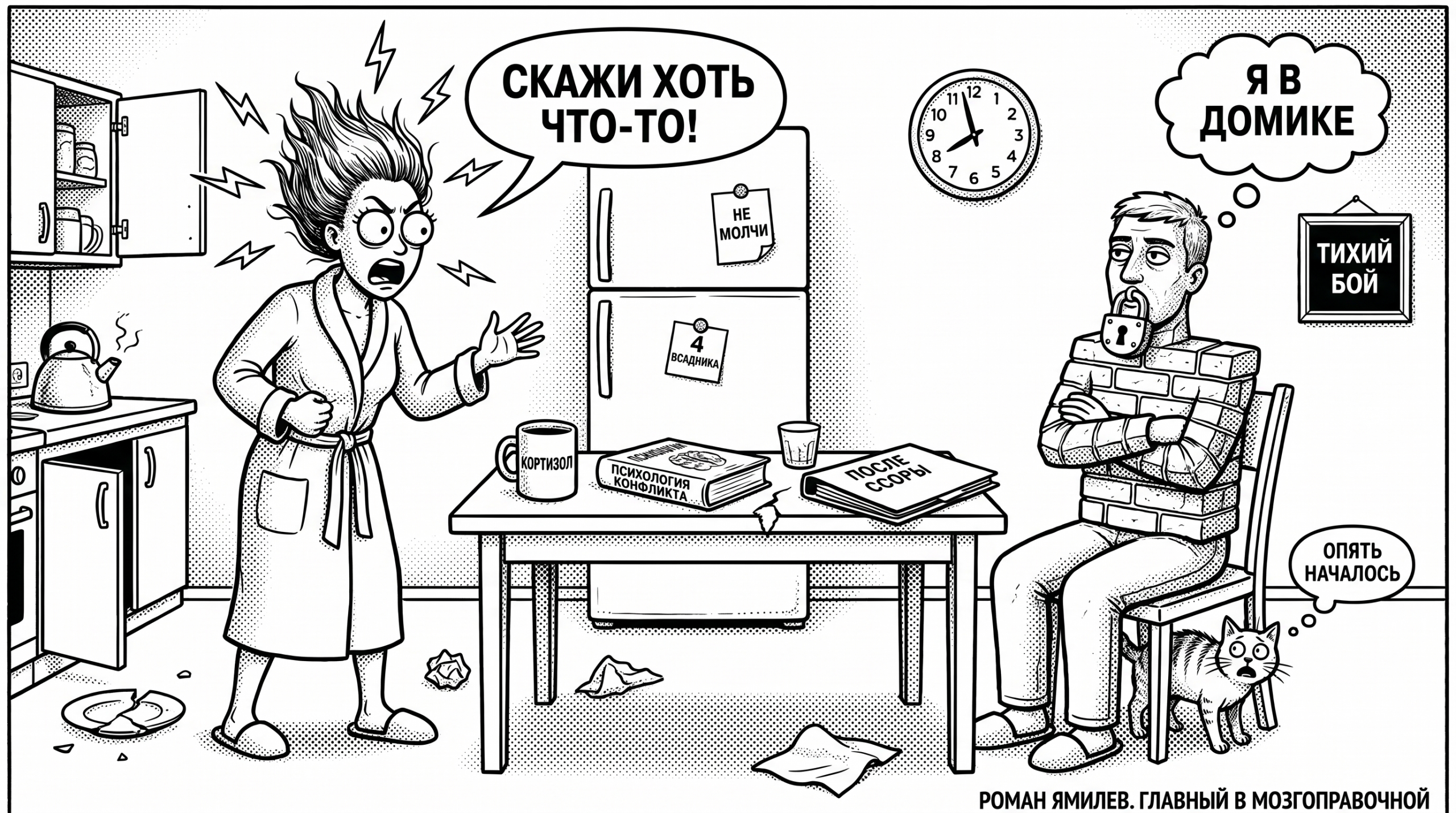 Карикатура: женщина кричит, мужчина молчит как стена, тема конфликта и стоунволлинга в паре