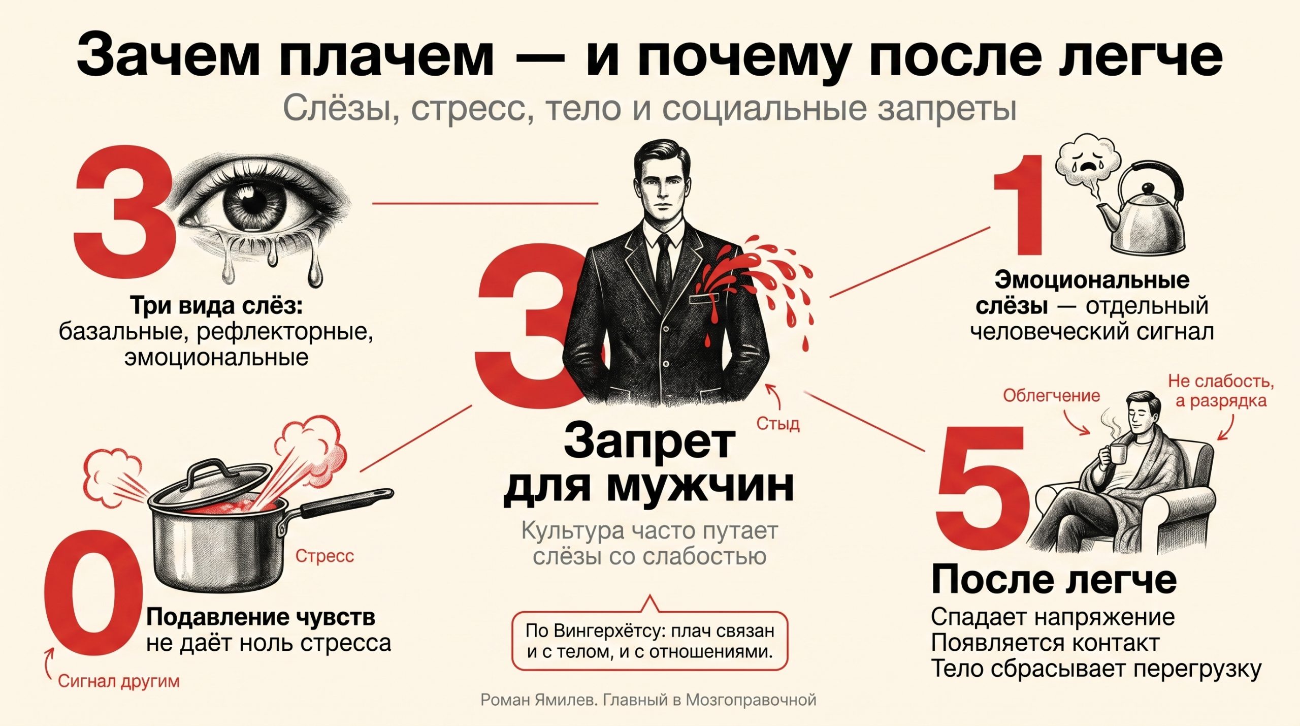 Красная инфографика о том, почему плачем: виды слёз, стресс, запрет для мужчин и облегчение