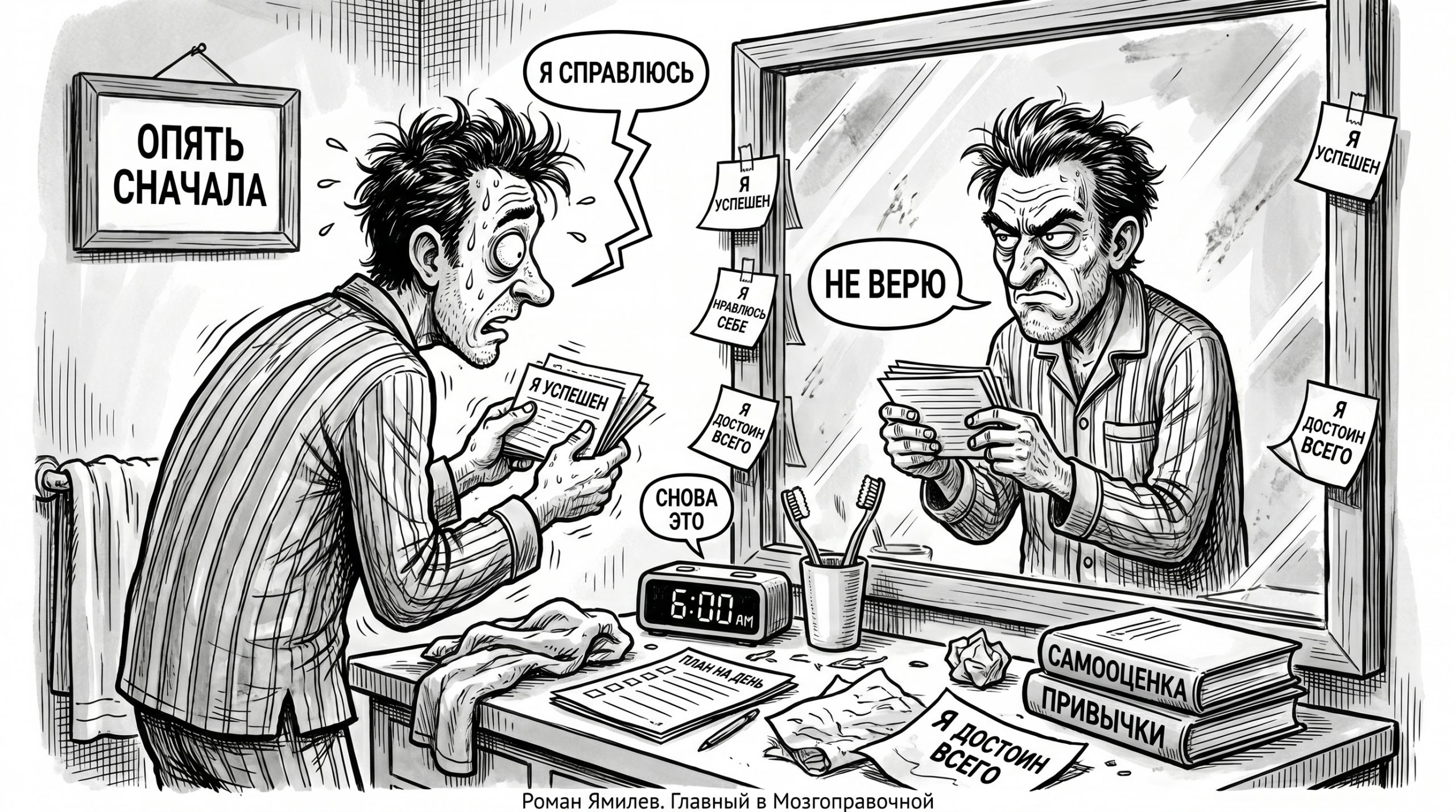Чёрно-белая карикатура: мужчина спорит со своим отражением, аффирмации не убеждают