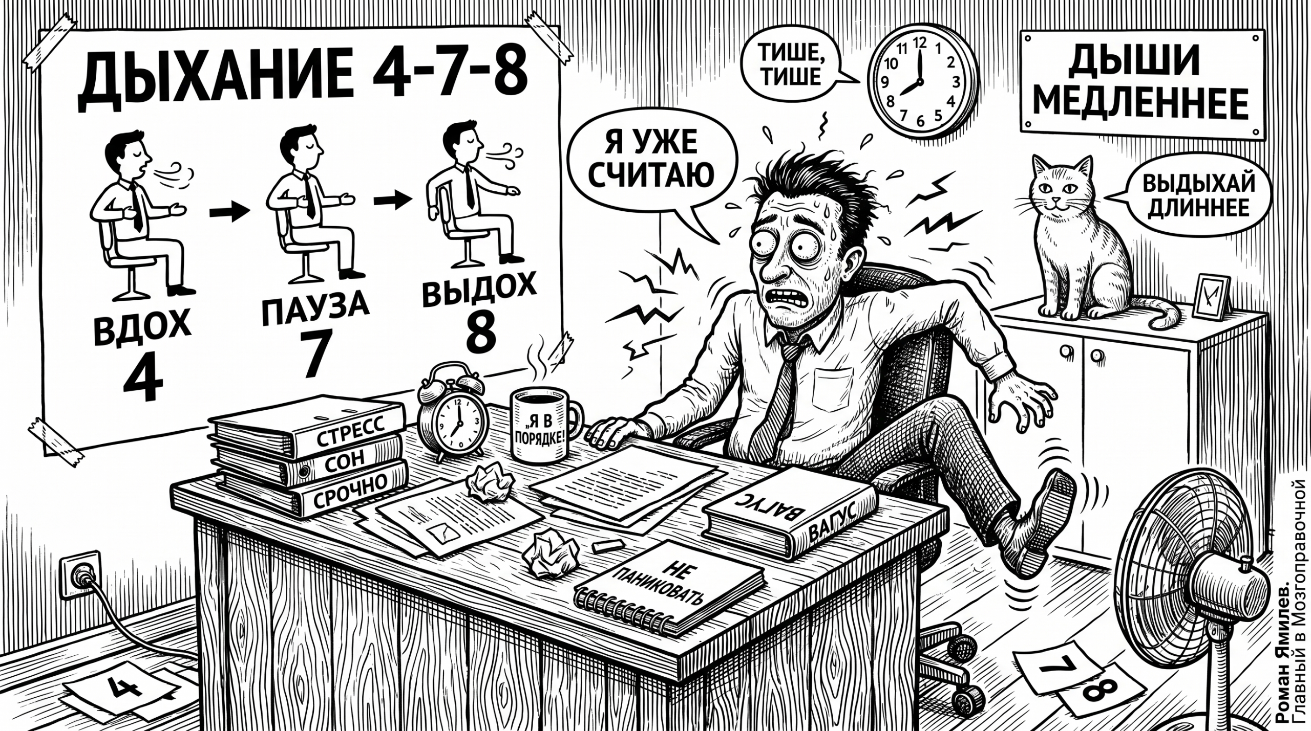 Чёрно-белая карикатура: тревожный офисный работник пытается делать дыхание 4-7-8 по инструкции