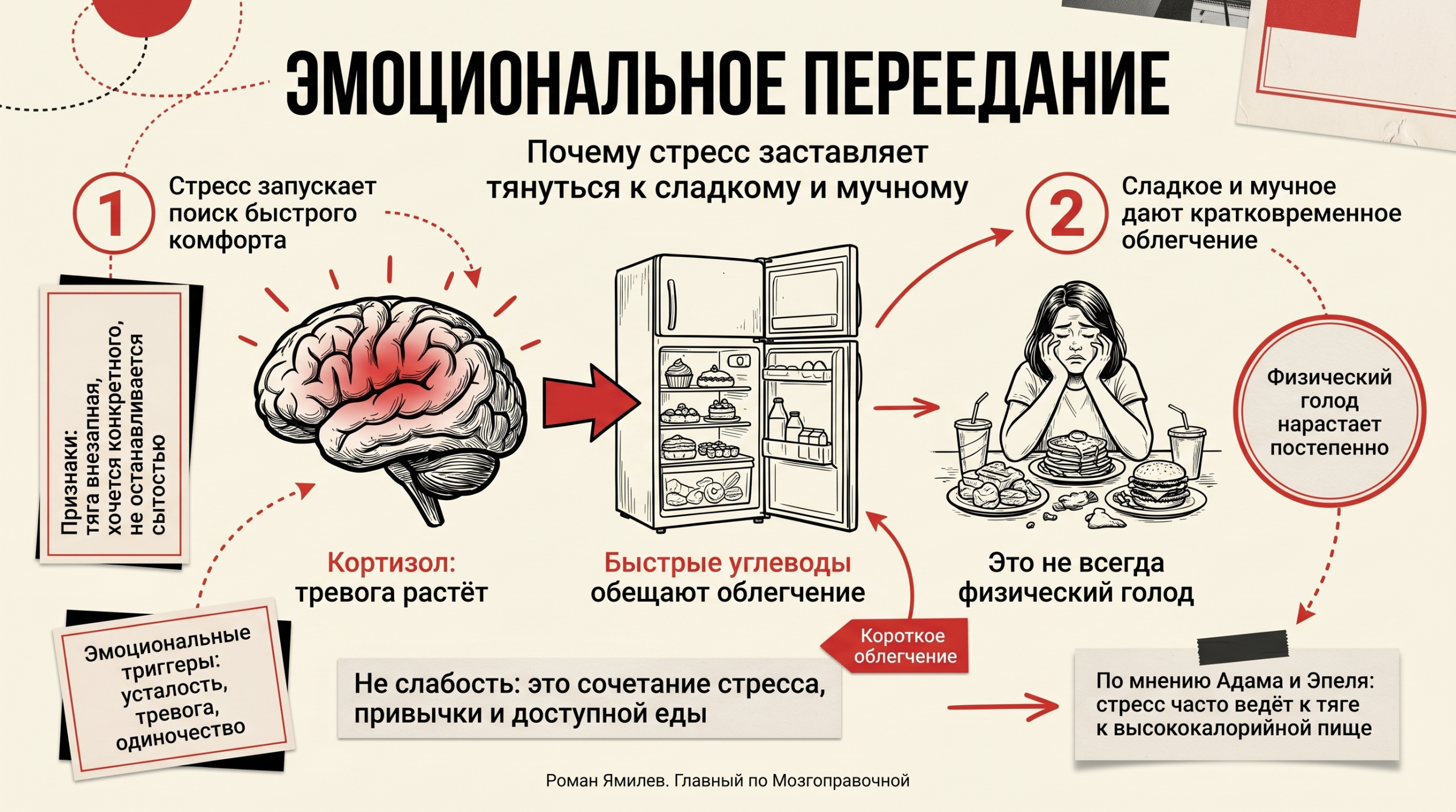 Красная инфографика о том, как стресс и кортизол связаны с эмоциональным перееданием