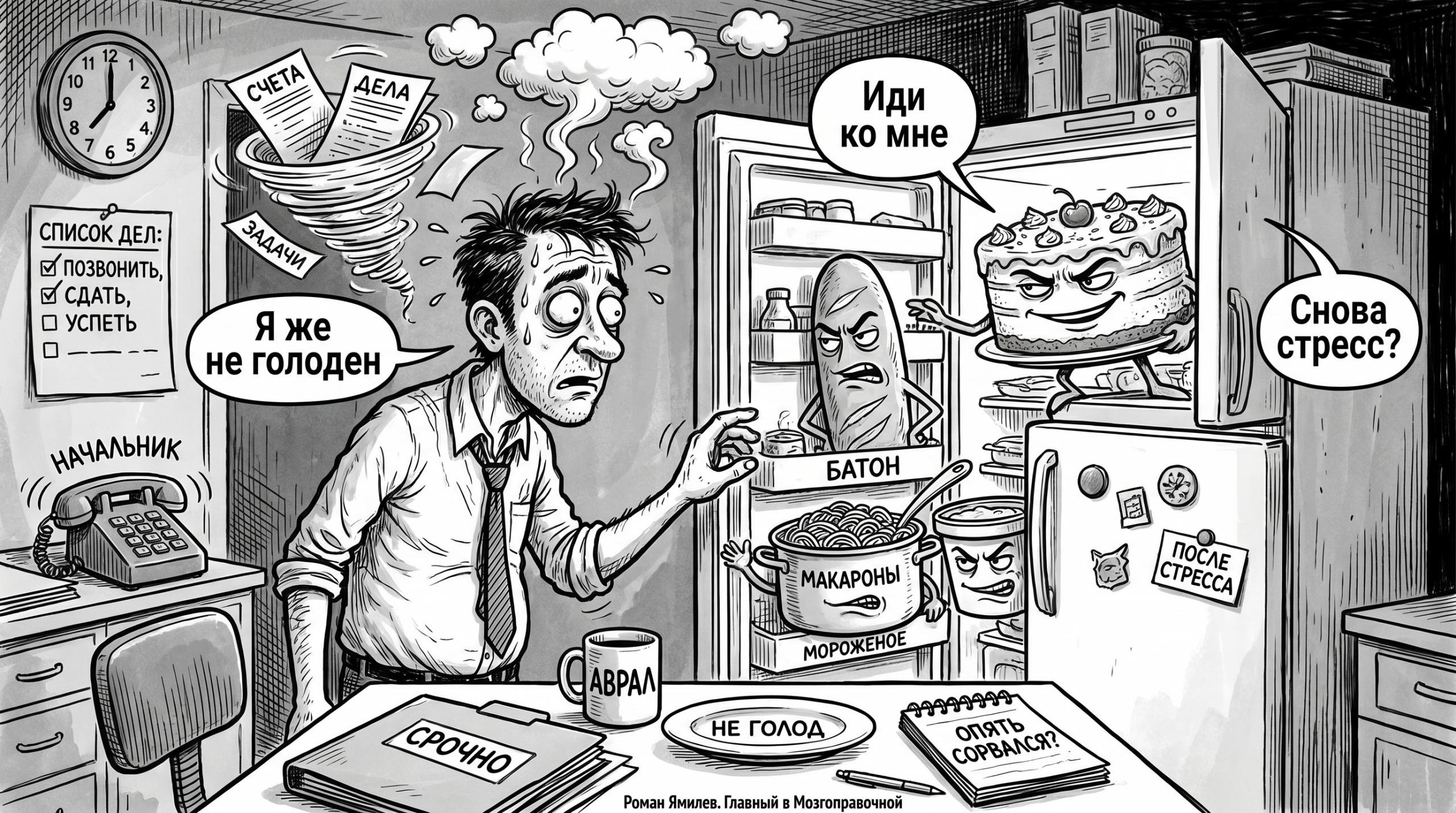 Чёрно-белая карикатура: уставший мужчина у холодильника, продукты соблазняют при стрессе