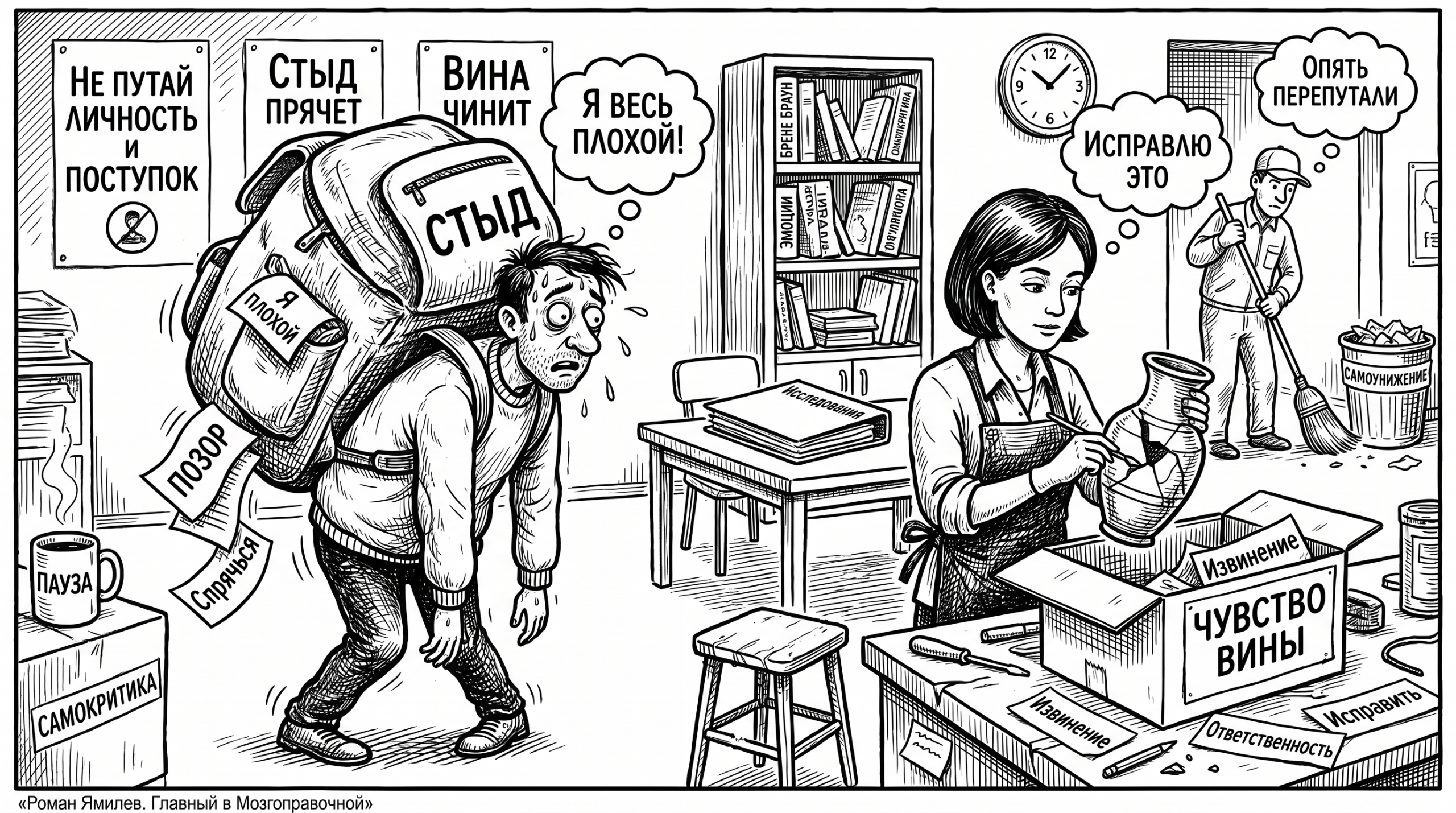 Чёрно-белая карикатура: мужчина с рюкзаком стыда и женщина, чинящая вазу как образ вины