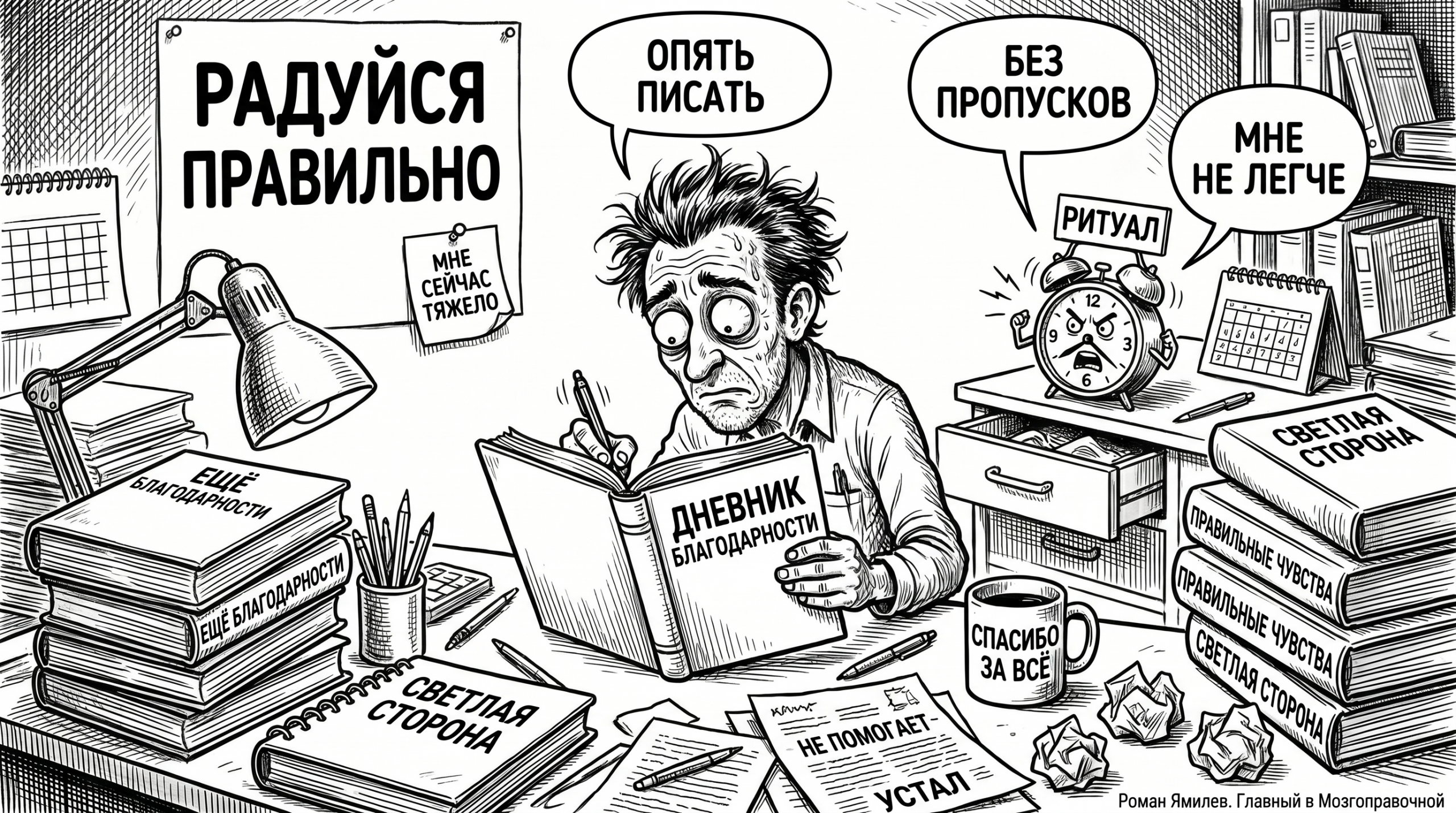 Чёрно-белая карикатура: измученный человек пишет в дневник благодарности среди давления и самоцензуры