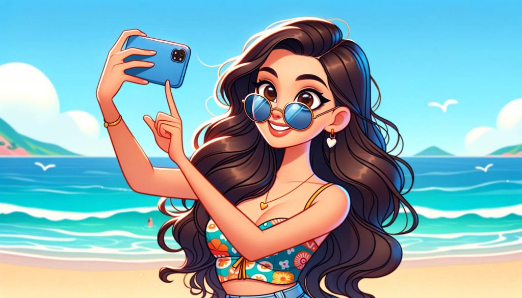 Девушка делает селфи на пляже