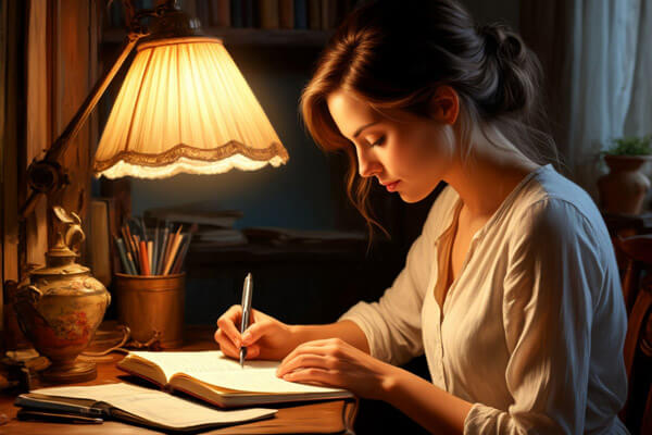 Женщина пишет дневник под светом абажюра