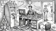 Карикатура: мужчина завален деньгами и платёжками, но выглядит несчастным; тема связи денег и счастья