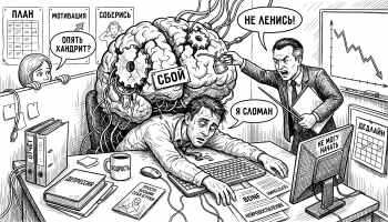 Измученный офисный работник придавлен мозгом-механизмом, начальник требует собраться; тема: депрессия не лень