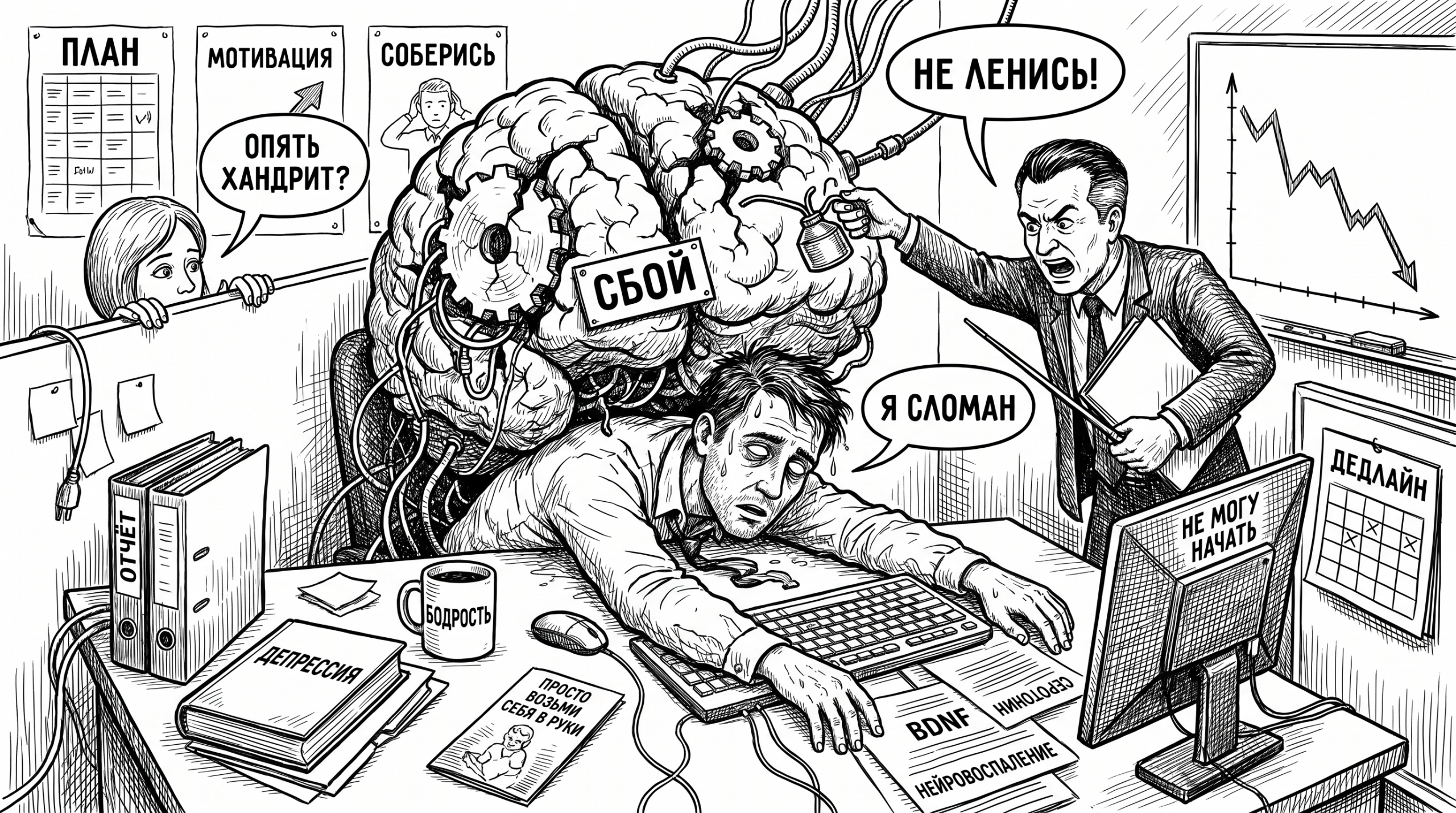 Измученный офисный работник придавлен мозгом-механизмом, начальник требует собраться; тема: депрессия не лень