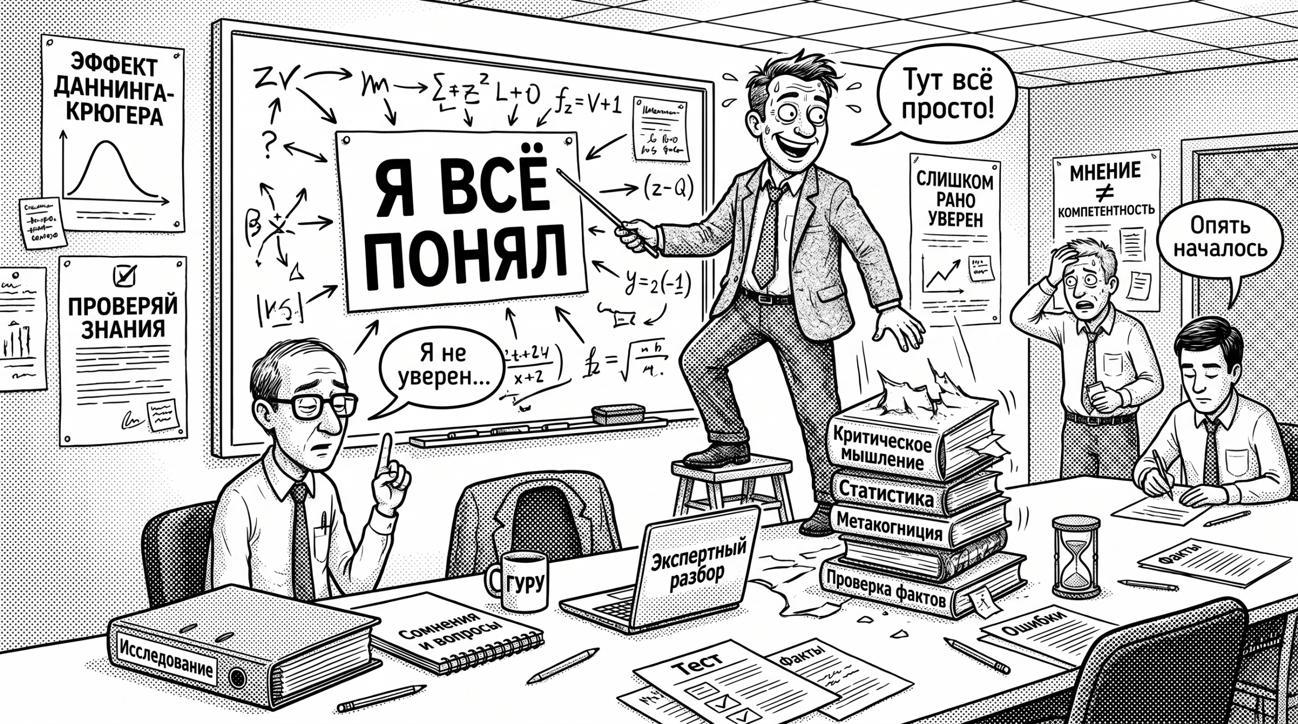 Самоуверенный лектор на шаткой стопке книг и сомневающийся специалист — эффект Даннинга-Крюгера