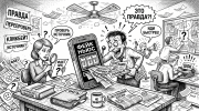 Мужчина и женщина в хаосе заголовков и смартфона-автомата, тема — фейковые новости