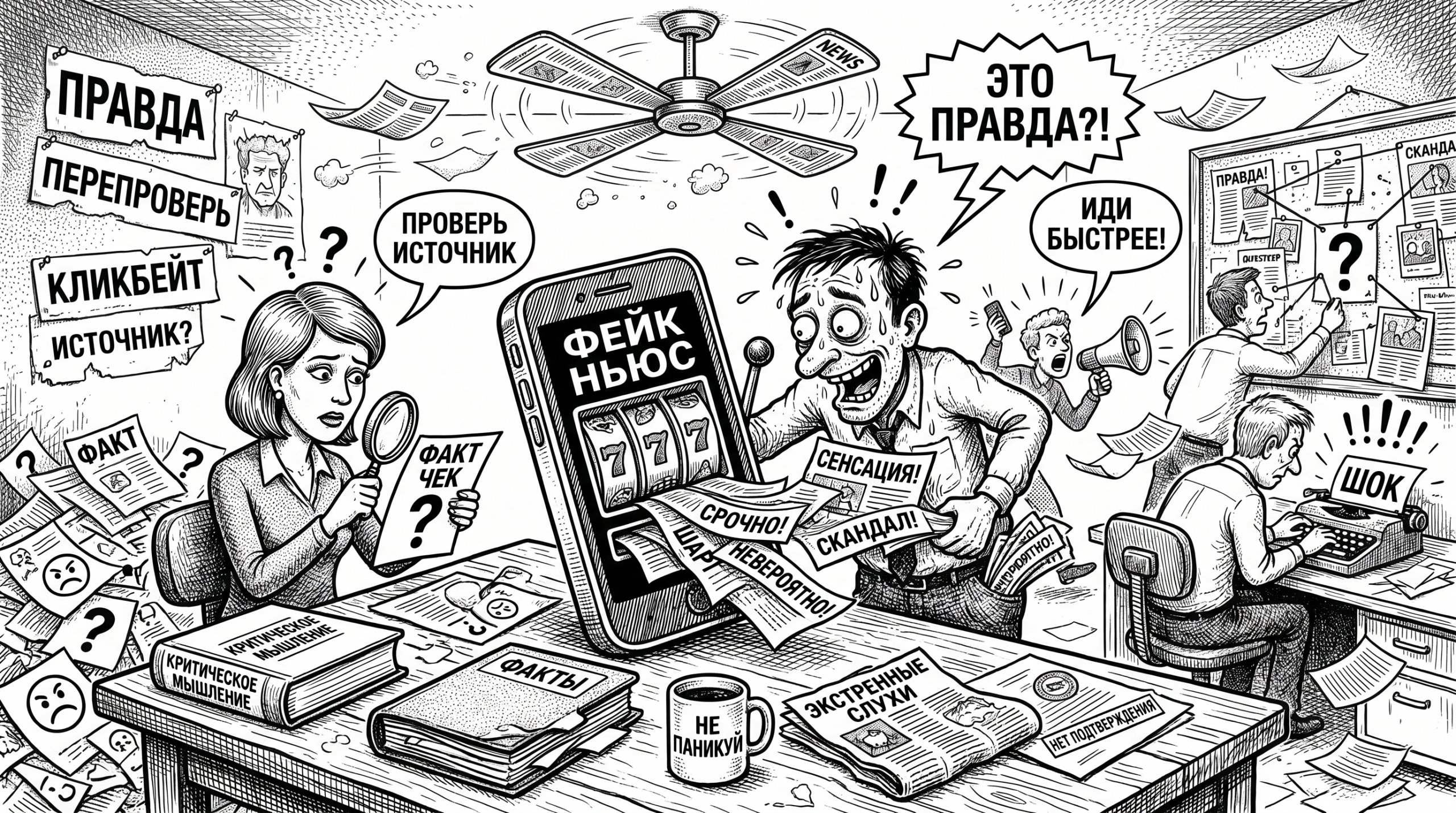 Мужчина и женщина в хаосе заголовков и смартфона-автомата, тема — фейковые новости