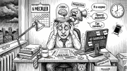 Измотанный офисный работник среди дедлайнов, усыхающий мозг и растущая миндалина, тема хронического стресса
