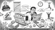 Карикатура офисного работника среди якорения, ореола и других когнитивных искажений в повседневных решениях
