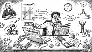 Карикатура офисного работника среди якорения, ореола и других когнитивных искажений в повседневных решениях