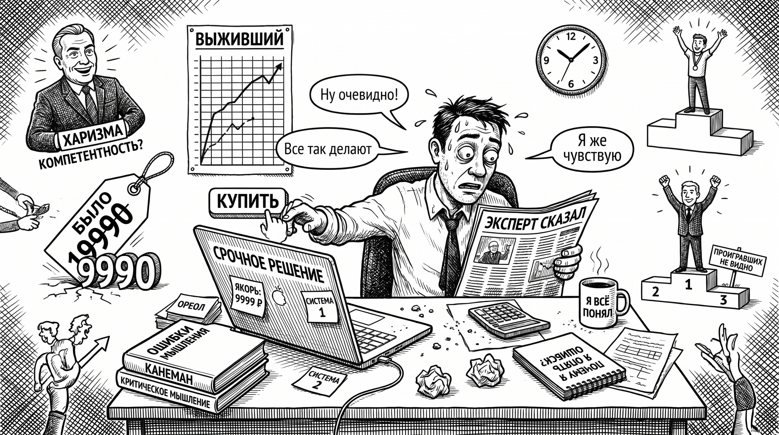 Карикатура офисного работника среди якорения, ореола и других когнитивных искажений в повседневных решениях