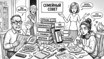 Бумер-отец и зумер-дочь спорят за столом, вокруг надписи про границы, стабильность и терапию, тема конфликта поколений