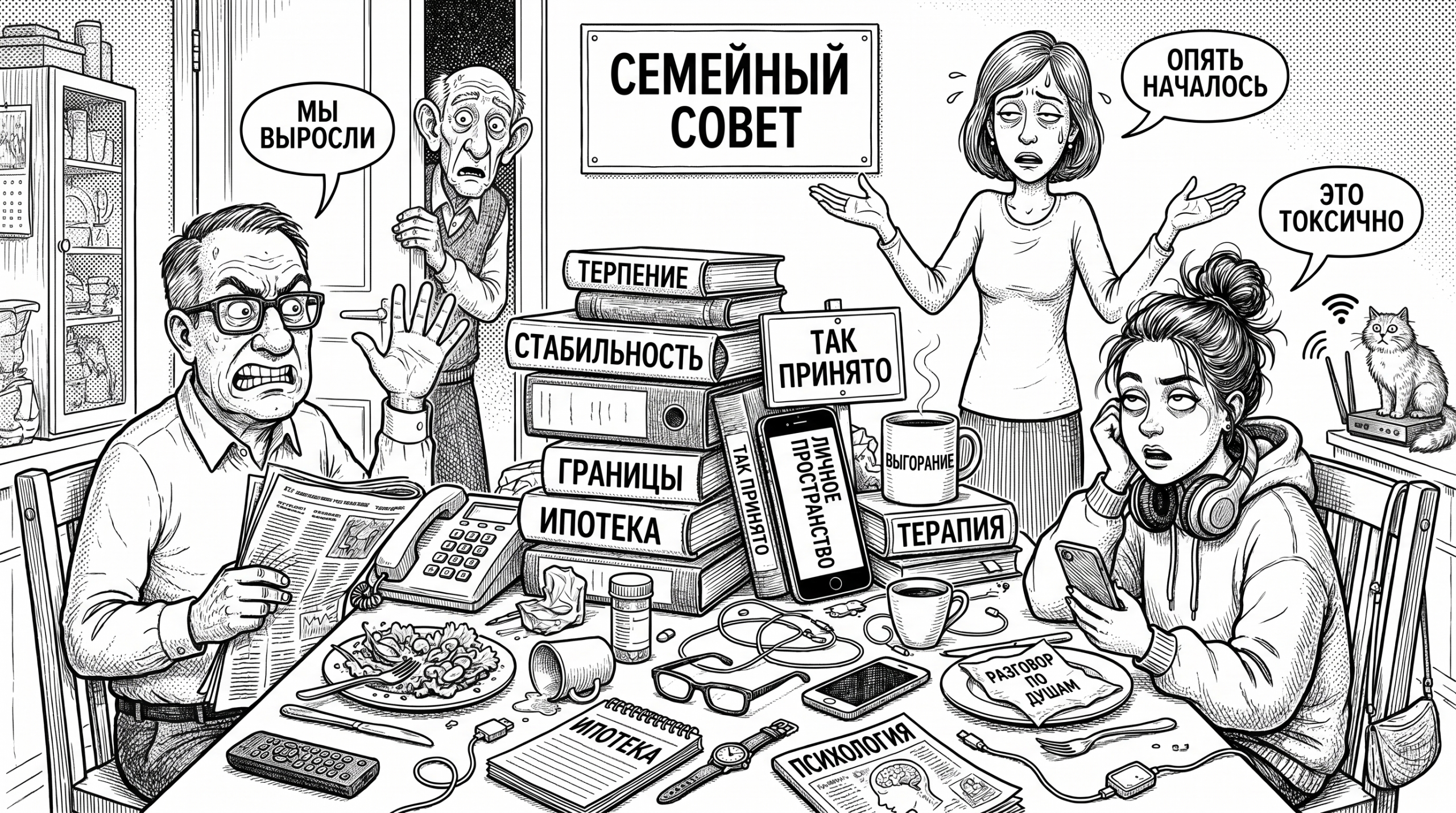 Бумер-отец и зумер-дочь спорят за столом, вокруг надписи про границы, стабильность и терапию, тема конфликта поколений