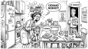 Чёрно-белая карикатура: мама кричит на испуганного ребёнка на кухне, тема вреда крика в воспитании