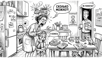 Чёрно-белая карикатура: мама кричит на испуганного ребёнка на кухне, тема вреда крика в воспитании