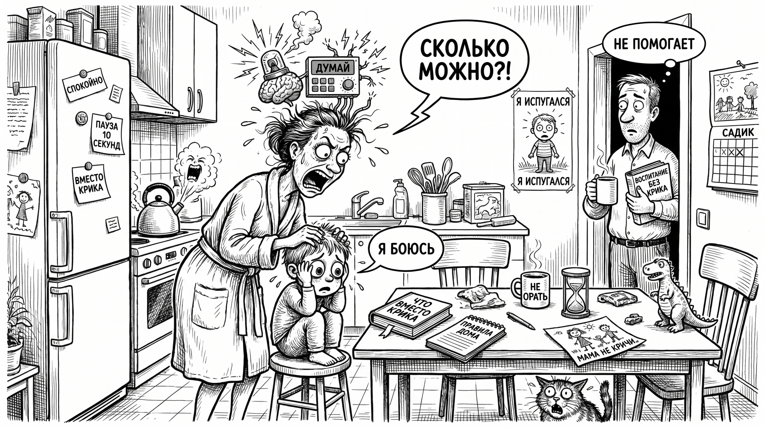 Чёрно-белая карикатура: мама кричит на испуганного ребёнка на кухне, тема вреда крика в воспитании