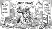 Карикатурный мужчина в офисе, которым из головы командует миндалина мозга через страх и быстрые реакции