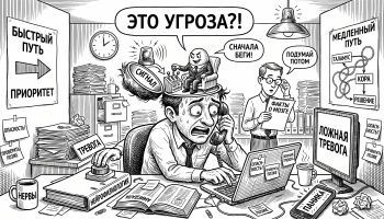 Карикатурный мужчина в офисе, которым из головы командует миндалина мозга через страх и быстрые реакции