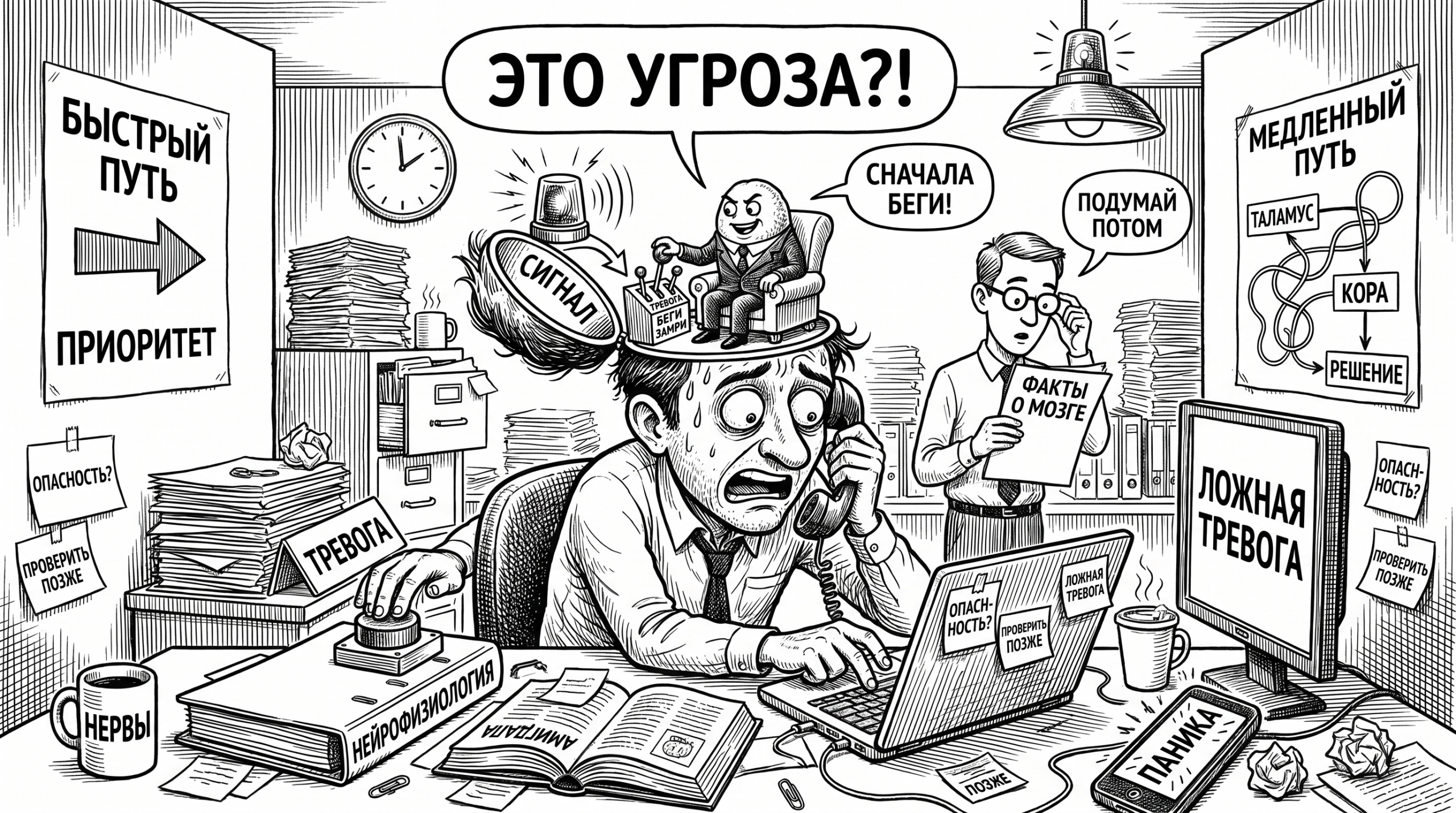 Карикатурный мужчина в офисе, которым из головы командует миндалина мозга через страх и быстрые реакции