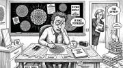 Карикатура: уставший мужчина среди мандал и аффирмаций игнорирует реальные дела, тема неэффективности практик