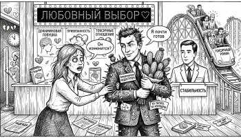 Женщина тянется к колючему мужчине на ярмарке партнёров, тема — почему выбираем тех кто делает больно